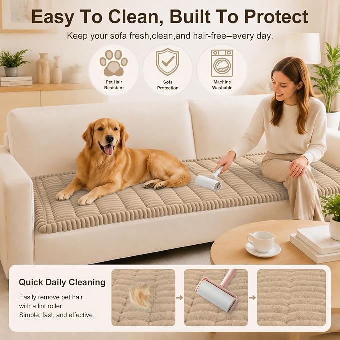 decorUhome Couch Cover for Dogs, Non Slip Fuzzy Thick Pet Sofa Protector | Pet Friendly, Machine Washable, Fits 3-Cushion Sofa, Protects Against Pet Hair & Daily Messes, Khaki, 27.6" x 82.7" - Image 4