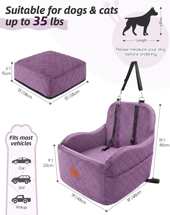 Lealchum Dog Booster Car Seat for Small/Medium Dogs,Puppy Portable Car Bed with Elevated Cushion,Fully Detachable and Washable,2 Storage Pockets,Easy to Install (Purple, Medium) - Image 2