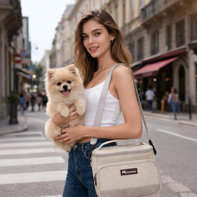 Modoker Compact Dog Travel Bag Set with 2 Bowls and Food Bags, 7.6L Beige | Under-Seat Pet Travel Organizer with 2 Food Bags, 2 Collapsible Bowls, Feeding Mat, Multiple Pockets and Adjustable Flap - Image 2