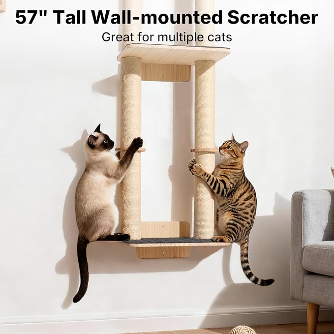 Veehoo Cat Wall Shelves, 57" Cat Wall Climber with Dual Sisal Scratching Posts and Carpeted Perch, Cats Wall Scratcher Furniture for Climb, Play and Rest - Image 2