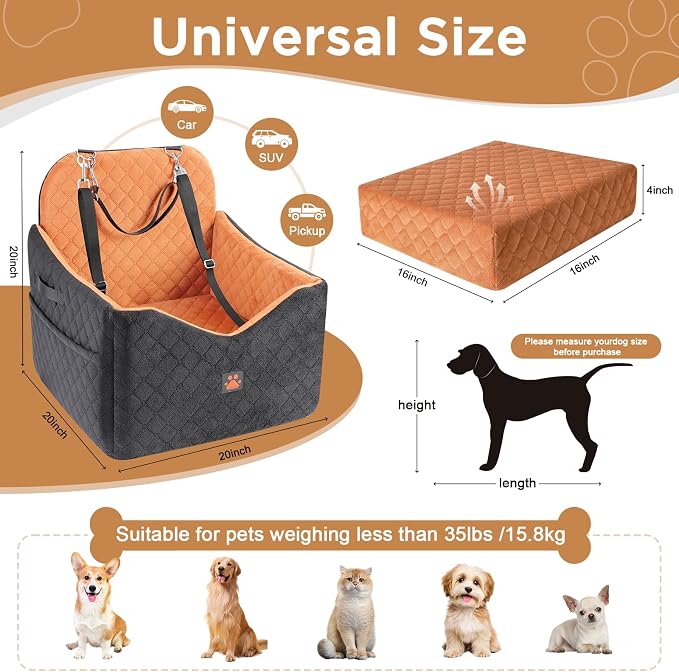 Dog Car Seat for Small/Medium Dogs Up to 35lbs, Puppy Car Seat with Thick Cushion, Detachable Washable Dog Carseat with Storage Pockets, 2 Safety Belts (Brown) - Image 4
