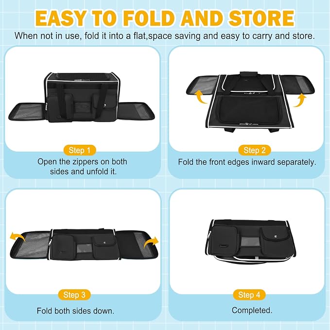 HUANLANG Large Cat Carrier Soft Sided Travel Pet Carrier Airline Approved | Dog Carriers for Small Dogs Medium Cats,Collapsible,3 Storage,zipper lock,Reflective strips,Luggage Strap,Up to 15 Lbs, Black - Image 9