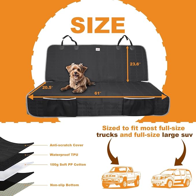 Reliadura Dog Car Seat Cover for Back Seat,Washable Bench Seat Cover for Truck,Nonslip Backseat Cover Protector for F150/Ram1500/GMC Sierra/Toyota/Chevrolet Silverado,Car Seat Covers for Dogs - Image 3
