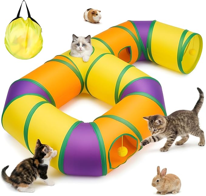 Cat Tunnel for Indoor Cats 6-Shaped, Collapsible Cat Playhouse Pet Play Tunnel Tube Maze with Hanging Pom-Poms and Interactive Hole for Kitten, Kitty, Puppy, Rabbits, Ferret, Guinea Pig by GUSTYLE