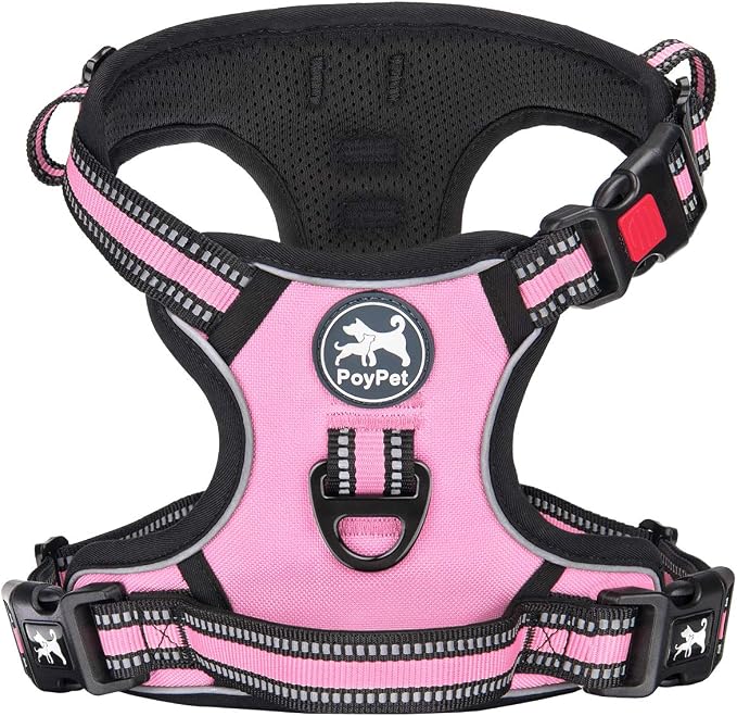 PoyPet Dog Harness Small, No Pull Vest with Front/Back Clip & Neck Buckle | No Choke, Lockable, Reflective, 2 Lead Rings, Adjustable, Soft Padded Handle for Training Walking, S, Light Pink by PoyPet