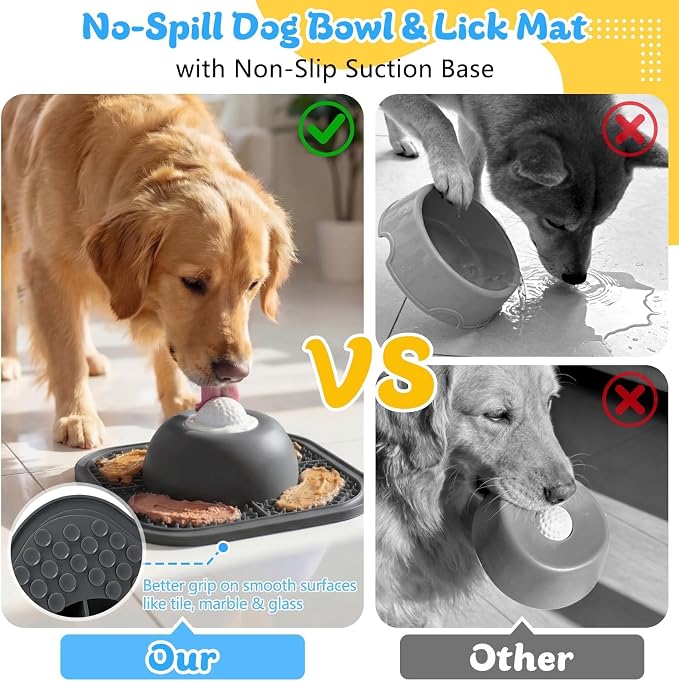Slow Feeder Dog Bowls & Lick Mat for Liquid and Thick Treat, Anti-Slip Dog Lick Bowl with Interactive Rolling Ball, 5/6 Cup Pup Licking Toy for Large Medium Small Dogs and Cats Gray - Image 5