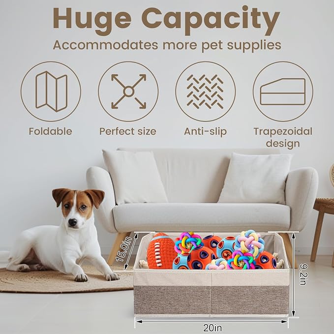 Large Dog Toy Basket with Handle, Foldable Dog Toy Box for Living Room Area , 20" Basket for Dog's Supplies, Organizer and Storage with Hard Board, Anti-Slip for Pet Toys (Brown, Medium 20"×15") - Image 2