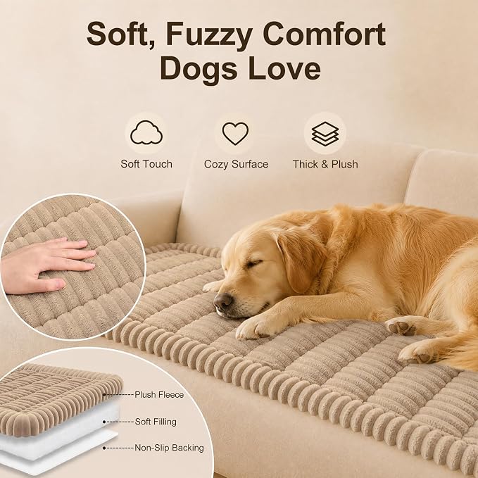 decorUhome Couch Cover for Dogs, Non Slip Fuzzy Thick Pet Sofa Protector | Pet Friendly, Couch Covers for Sofa, Machine Washable, Fits Armrests, Single Seats & Backrest Cushions, Khaki, 27.6" x 27.6" - Image 2