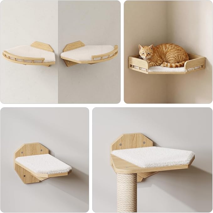 HOOBRO 11 Pcs Cat Wall Shelves for Large Cats up to 25 lb, Wooden Wall-Mounted Cat Shelves Set, Corner Cat Shelf with 2 Arched Platforms, Climbing System with Perche, Scratching Post, Natural NL49CS03 - Image 7