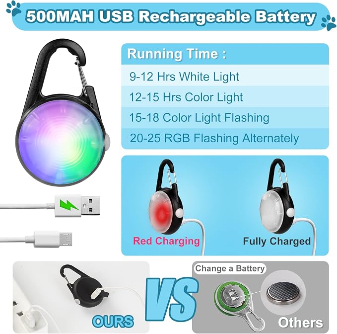 Clip-On Dog Collar Light for Night Walking, 4 Modes, Rechargeable, 2 Pack | IP68 Waterproof Dog Light for Camping, Hiking, Cycling, High Capacity LED Light Up Dog Collar - Image 2