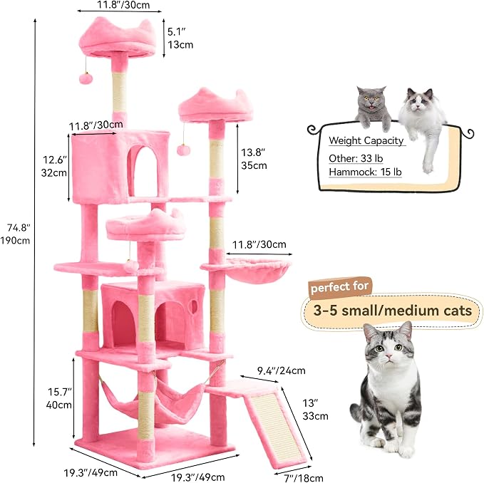 YITAHOME 75-Inch Tall Cat Tree Indoor | Multi-Level Cat Tower with Condos, Top Perches, Sisal Ramp, Scratching Posts & Cozy Basket Hammocks Pink - Image 3