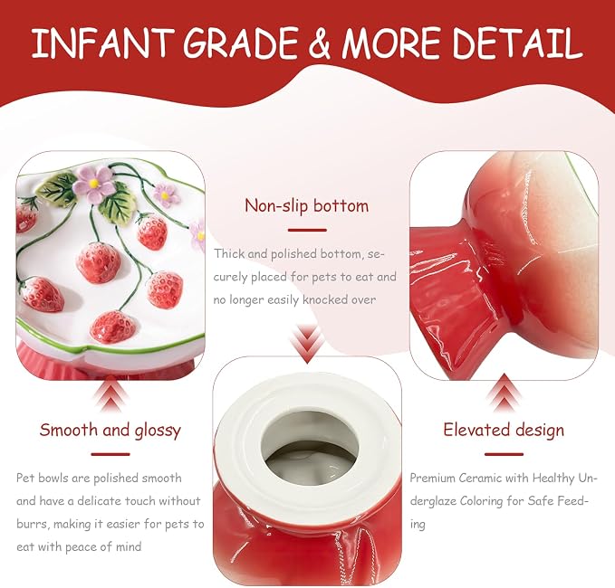 Ceramic Strawberry Raised Cat Bowl – Elevated Cat Food Bowl for Anti Vomit, Spine Protection & Whisker Friendly, Cute Tilted Bowl for Indoor Cats, Flat-Faced Cats (Red) - Image 3