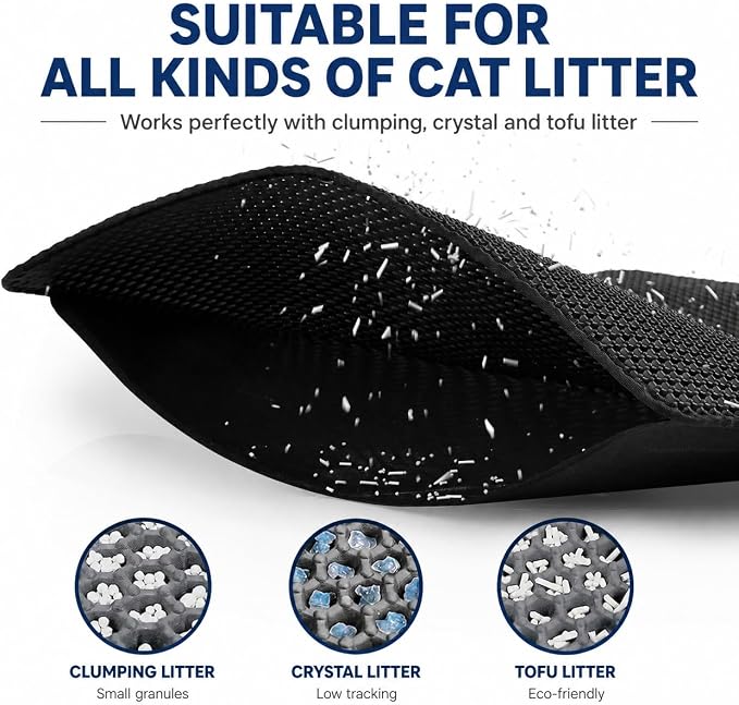 Cat Litter Mat 24 x 18 Inch, Double-Layer Honeycomb Litter Trapping Mat with Waterproof Leatherette Bottom, Urine-Resistant, Non-Slip, Easy to Clean, （Black） - Image 2