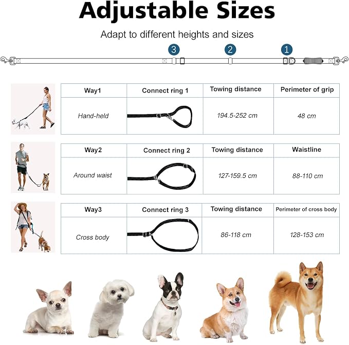 9.19ft Hands Free Dog Leash Adjustable for Medium Dogs, Black | Versatile Handheld Crossbody Waist Lead with 3 Rings, Easy Adjust for Running Jogging Walking, Sponge Handle - Image 4