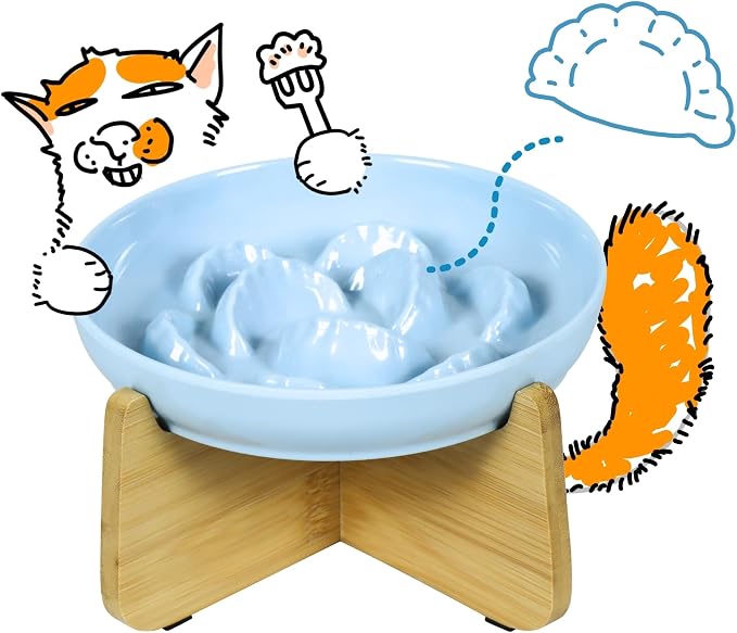 Slow Feeder Cat Bowl with Stand - Unbreakable Elevated Slow Feeder Bowl for Cats - Melamine Puzzle Raised Cat Food Bowl - Whisker Friendly & Wet & Dry Food- Dishwasher Safe & Non Slip (Blue by FullCharm