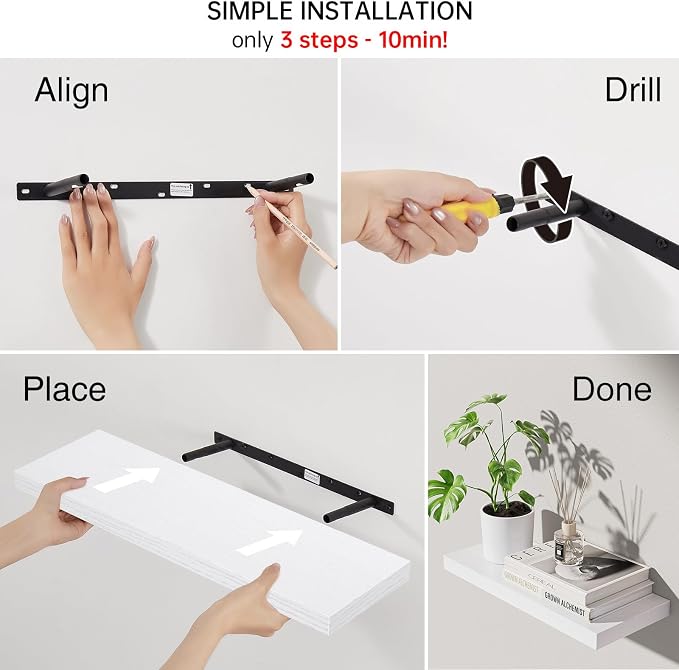 BAYKA White Floating Shelves 22.5in, Set of 2, Wall Mounted for Wall Decor | Easy Install, 22lbs Max Load, Hidden Bracket, Shelving for Bathroom Bedroom Kitchen Office Storage, Multi-Wall Compatible - Image 8