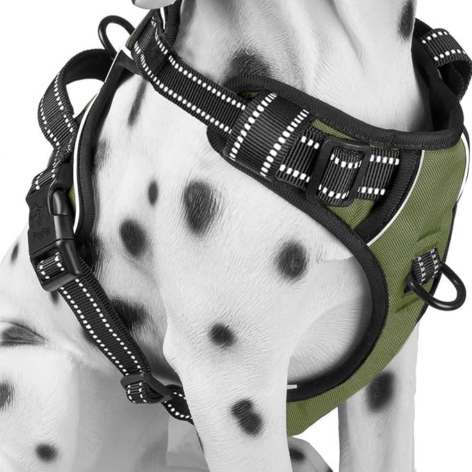 PoyPet No Pull Dog Harness Large, Reflective Vest with Front Clip & Handle | Easy On/Off, No Choke, Adjustable, 2 Leash D-rings, Soft Padded, Breathable, Oxford, for Walking Training, L, Military Green by PoyPet
