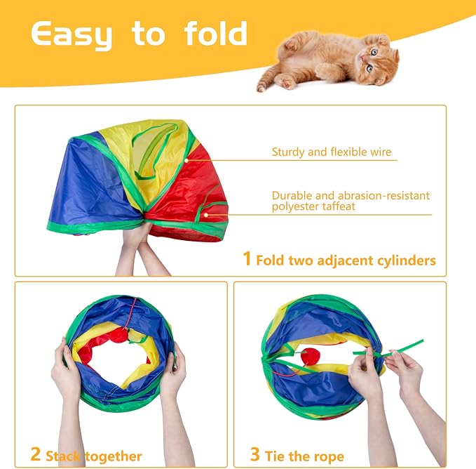 Sheldamy Cat Tunnel, 2-Way Cat Tunnels for Indoor Cats, Collapsible Cat Play Tunnel, Interactive Toy Maze Cat House with 1 Play Ball for Cats, Puppy, Kitty, Kitten, Rabbit (Rainbow)… - Image 4