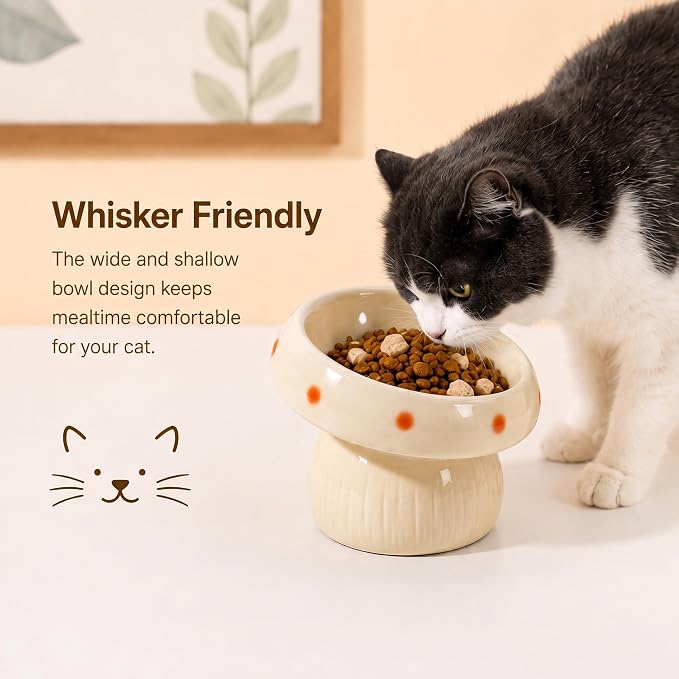 Ceramic ElevatedMushroom Feeding Cat Bowl Whisker Friendly | 15° Tilted,Wide & Shallow, Premium Ceramic - Image 6
