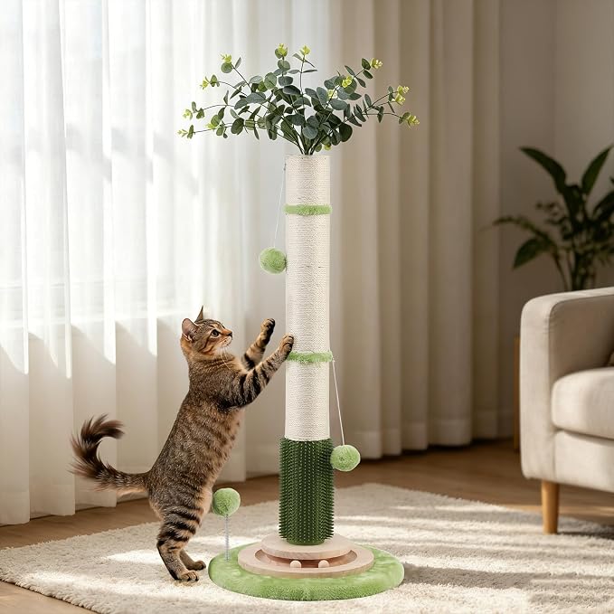 45'' Extra Tall Cat Scratching Post for Large,Heavy Duty Scratcher Tree | 3.5'' Natural Sisal,Wood Base,Climbing Pole Full Body Stretching,Artificial Flower,Stable Tower,Interactive Toy,Self Groomer - Image 8