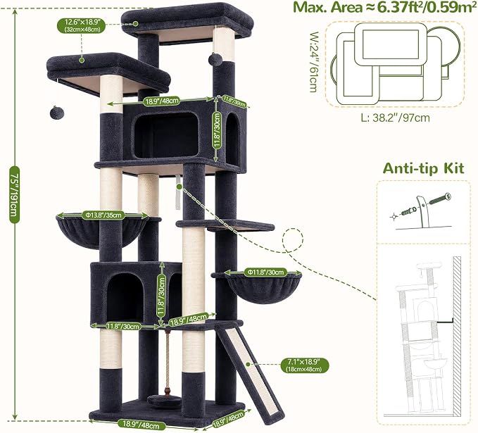 Globlazer 75in Tall Cat Tree Tower for Indoor Cats, F75B, Dark Grey | Large Cat Tree for Indoor Cats Large Adult, Multi-Level Cat Tower with 7 Scratching Posts, 2 Cat Condos, 2 Top Perches - Image 8