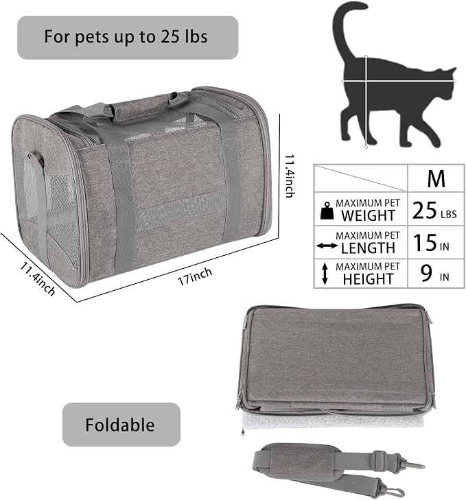 Cat Carrying Case - Pet Carrier Airline Approved, Protable and Breathable Pet Travel Carrier Removable Fleece Pad, Collapsible Cat Carrier Dog Carrier for Medium Cats Small Cats Dogs (17*11*11 grey) - Image 2