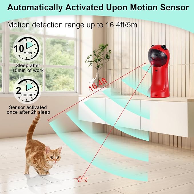 TBTeek Cat Toy, Automatic Cat Toy, 5 Fun Patterns, 4 Speed Modes (Red) | Motion-Activated, Rechargeable, Adjustable Light Angles, Random Trajectory - Image 3