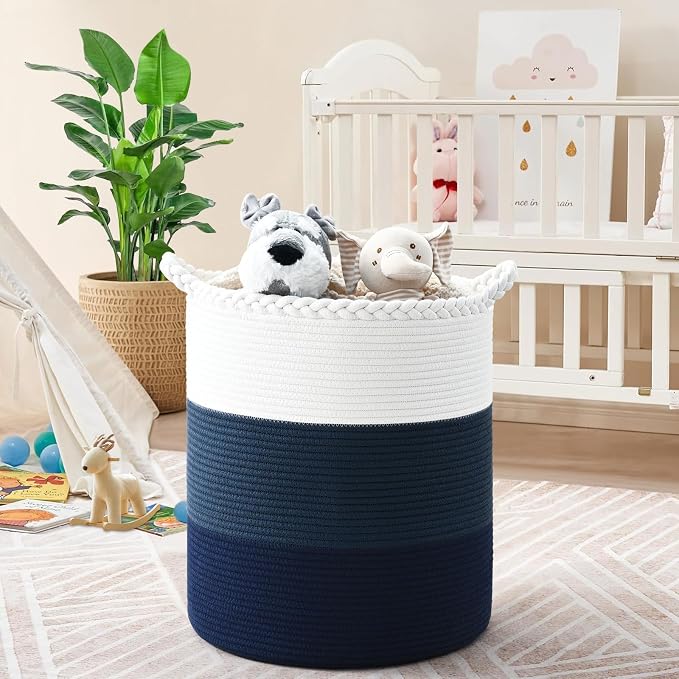 Laundry Hamper for Organizing, 52L Large Laundry Baskets, Cotton Rope Woven Blanket Basket, Collapsible Laundry Hamper for Living Room, Nursery, 15"×18", Dark Blue - Image 4