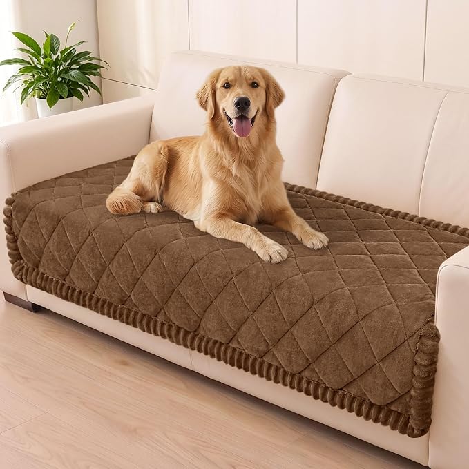 Smiry Non Slip Couch Cover for Dogs, Fuzzy Plush Pet Sofa Protector | Washable Furniture Cover for Large Dogs & Cats, Scratch & Dirt Resistant, For 3 Cushion Couch, Brown, 35.4"x88" by Smiry