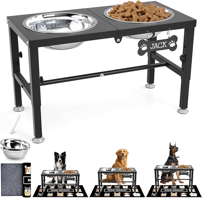 SHAINFUN Elevated Dog Bowls with Mat for Large & XLarge Dogs, Adjustable Height Raised Dog Bowl Stand with Two 68oz Bowls, Dogs Food Water Bowl Holder by SHAINFUN