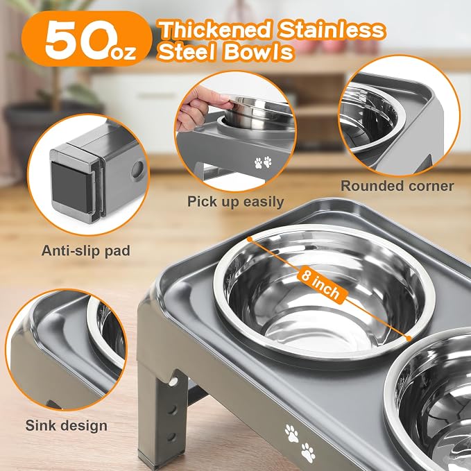 Elevated Bowls, 4 Height Adjustable Raised Stand with 2 Thick 50oz Stainless Steel Food Bowls, Non-Slip Feeder for Large Medium Dogs, Adjusts to 3.7", 9.2", 10.75", 12.36" Grey (Pack of 2) - Image 4