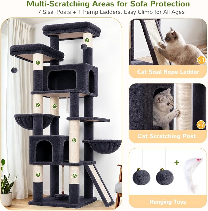 Globlazer 75in Tall Cat Tree Tower for Indoor Cats, F75B, Dark Grey | Large Cat Tree for Indoor Cats Large Adult, Multi-Level Cat Tower with 7 Scratching Posts, 2 Cat Condos, 2 Top Perches - Image 6
