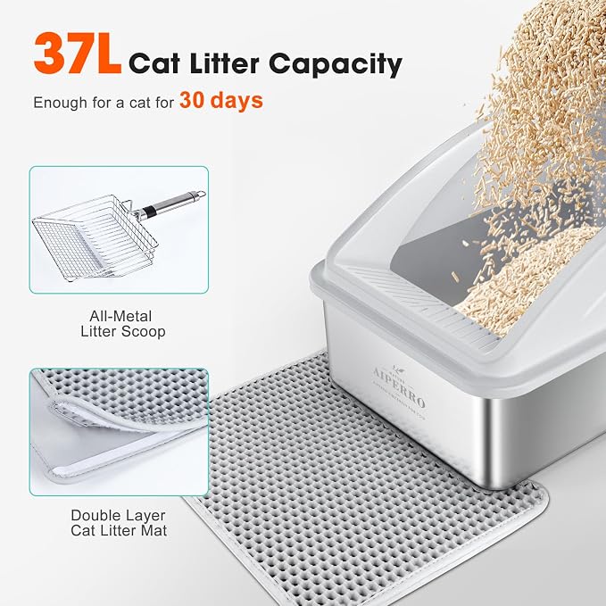 AIPERRO Stainless Steel Litter Box | XL Enclosed Cat Litter Boxes with Lid | High Sided Metal Litter Box for Big Cats | Anti-Urine Leakage | Non-Stick & Easy to Clean | Includes Litter Mat & Metal Scoop - Image 8