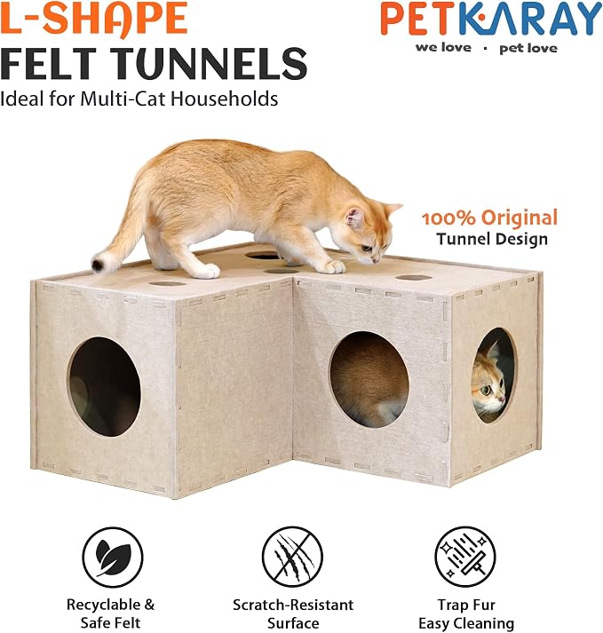 PETKARAY Cat Tunnel, Original Cat Hideaway Cave for Indoor Cats, Large Kitten Play Tubes and Tunnels, Soft Felt Cat Toy with Interactive Peek Hole, Beige L Shape - Image 2