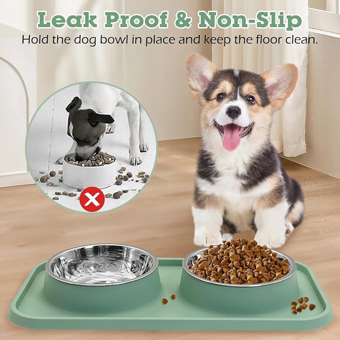 BNOSDM 2 Pcs Double Dog Food Bowls, Stainless Steel Small Dog Food and Water Bowls with Non-Spill Plastic Mat, Pet Cat Feeder Dish Set for Puppy Cats Kitten, Pink and Green - Image 3