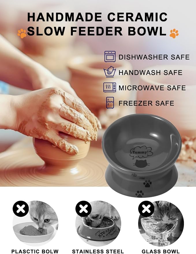 Y YHY Raised Cat Food Bowl, Ceramic Elevated Bowl, Protects Cat's Spine, Anti Vomiting, Backflow Prevention, Grey - Image 6