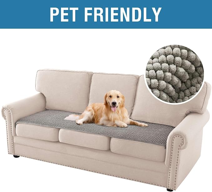 H.VERSAILTEX Plush Chenille Couch Cover for 3 Cushion Couch Anti Slip Washable Sofa Slipcovers Soft and Durable Furniture Protector for Dogs Cats Kids (27.5" x 82", Dove) - Image 2