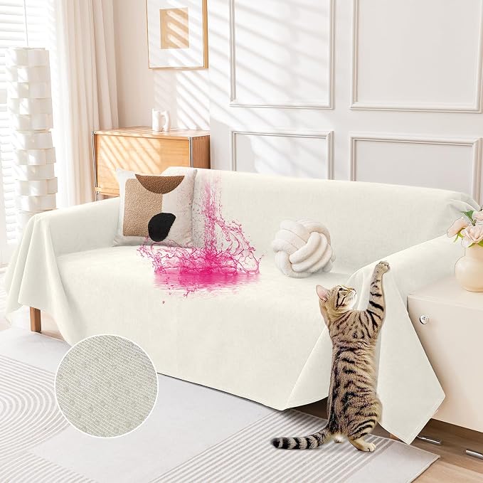 Deep Dream Cat-Scratch Resistant Couch Cover, Waterproof Sofa Cover for 3 Cushion Couch Washable, Pet Friendly Couch Protectors Anti Slip Thickened Sofa Slipcovers for Dogs Pets, 91" x 134", White by DeepDream