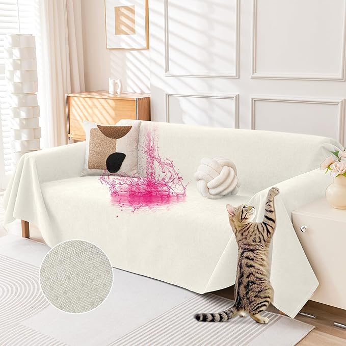 Deep Dream Cat-Scratch Resistant Couch Cover, Waterproof Sofa Cover for 3 Cushion Couch Washable, Pet Friendly Couch Protectors Anti Slip Thickened Sofa Slipcovers for Dogs Pets, 71" x 102", White by DeepDream