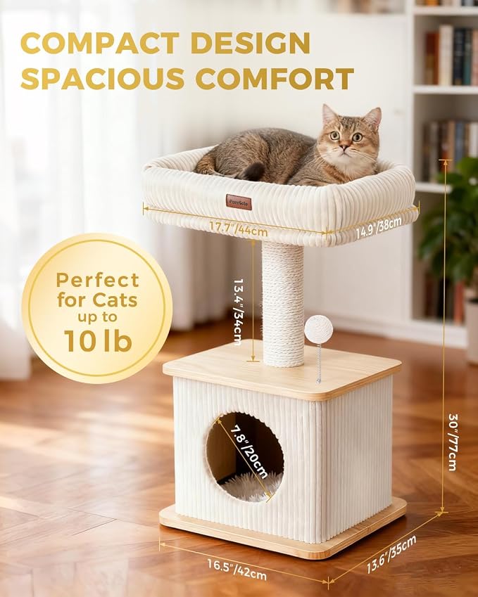 Small Cat Tree for Indoor Kittens, 30" Compact Modern Cat Tower | Natural Bamboo Cozy Condo, Soft Padded Perch, Sisal Scratching Post, Dangling Ball Toy, Stable Base, for Cats up to 15 lbs - Image 2
