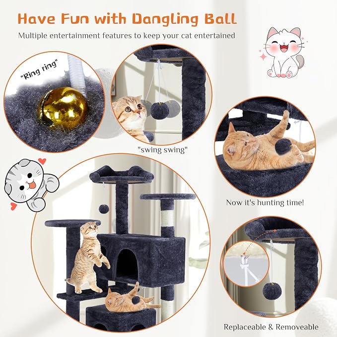 Sweetcrispy 54 Inch Cat Tree Tower with Scratching Post, Indoor Use | Multi-Level Cat Tower with Condo with Climbing Ladder, Plush Toy, Play House for Kittens, Dark Grey - Image 4
