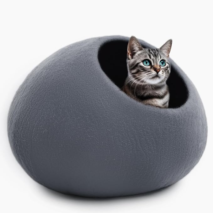 Luxurious Merino Wool Cat Cave - Foldable Hideaway Pod for Indoor Cats - Premium Felt Kitten Pet Enclosure - Covered Cat House for Ultimate Cozy Comfort by Woolygon (Grey Plain) by Woolygon