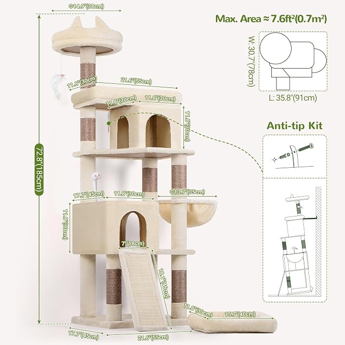 Globlazer Heavy Duty Cat Trees for Large Cats, Sturdy 72in Maine Coon Cat Tree for Large Cat 20 lbs+ Heavy Duty Cat Tower for Adult Biggest Cats with 6 Scratching Posts, Hammock, S72, Beige - Image 7