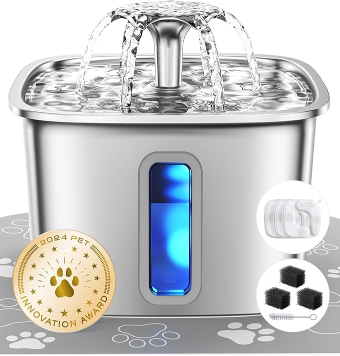 Veken Innovation Award Winner Stainless Steel Cat Water Fountain, 108oz | Automatic Pet Fountain Dog Water Dispenser with 3 Replacement Filters & Silicone Mat, Gifts for Cats, Dogs (Silver) by Veken