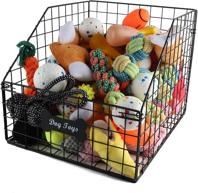 Geyecete dog toy basket Pet wire folding dog toy bin Trapezoid dog toy box Dog Toys Storage Toy box for dogs Chew-Proof Dog Food Toy Storage Container by Geyecete