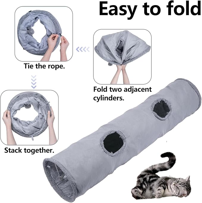 Collapsible Cat Tunnel with Play Ball - Durable Suede Indoor Cat Play Tube for Kitten, Puppy and Rabbit (Medium) - Image 2