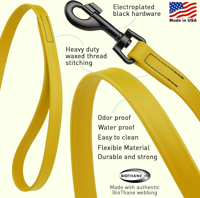 Dogline Biothane Waterproof Dog Leash Strong Coated Nylon Webbing with Black Hardware Odor-Proof Easy to Clean High Performance for Small or Large Dogs Made in USA 4 or 6 ft Lead, Treasure Gold - Image 2