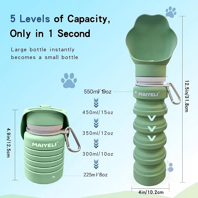 Collapsible & Portable Dog Water Bottle with Dispenser for Walking, Travel, and Outdoor, 9oz-17oz Leak-Proof Silicone Water Bottle for Dogs on The Go (Green) | Leak-proof collapsible dog water bottle expands from 9oz to 17oz for easy hydration on walks... - Image 2