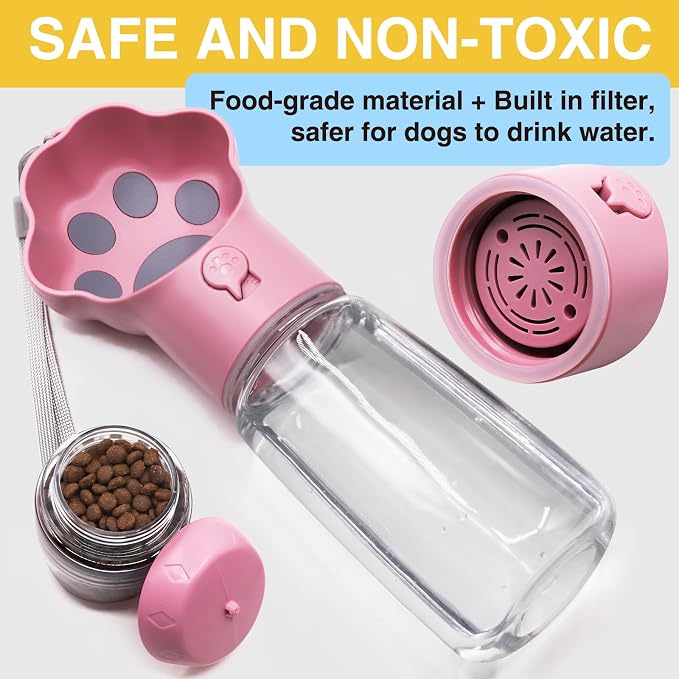 Dog Water Bottle with Food Container, Portable Pet Dispenser, Leak Proof, Hiking, Puppy Travel, Outdoor Activities(18.6 fl.oz/550ml, Pink) - Image 5