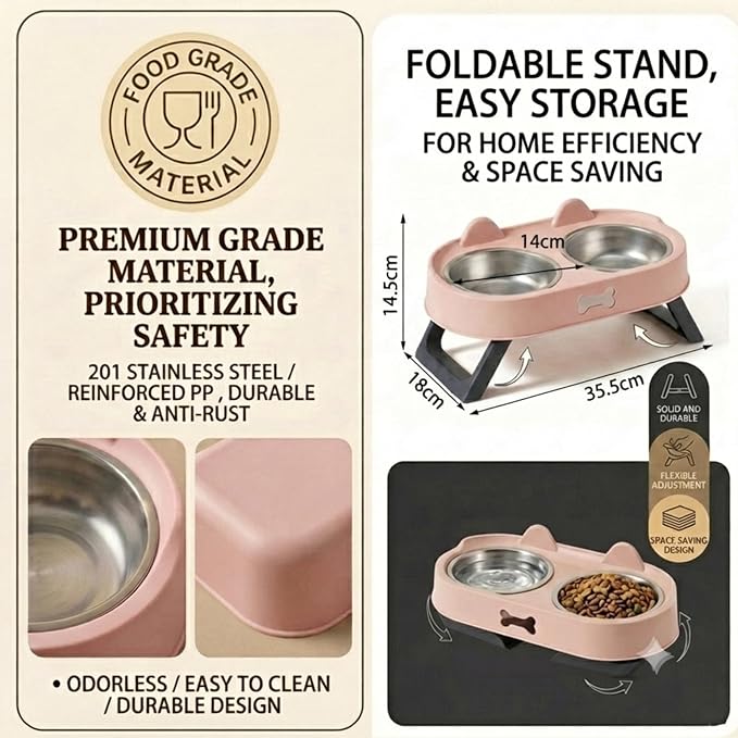 Elevated Cat Bowls with Foldable Stand, Anti Vomiting Raised Cat Food and Water Bowl Set, 2 Stainless Steel Dishes for Cats and Puppies, Splash Proof Non-Slip Neck Protection Pet Feeder (Pink) - Image 3